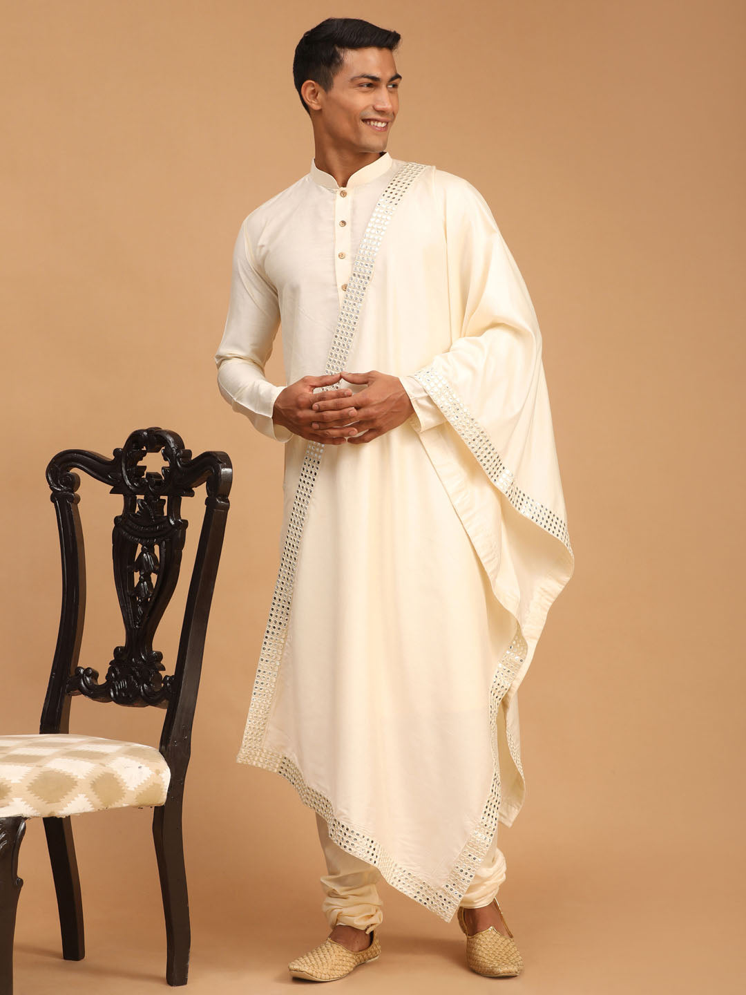 Men's Cream Viscose Straight Kurta  Pyjama & Dupatta Set