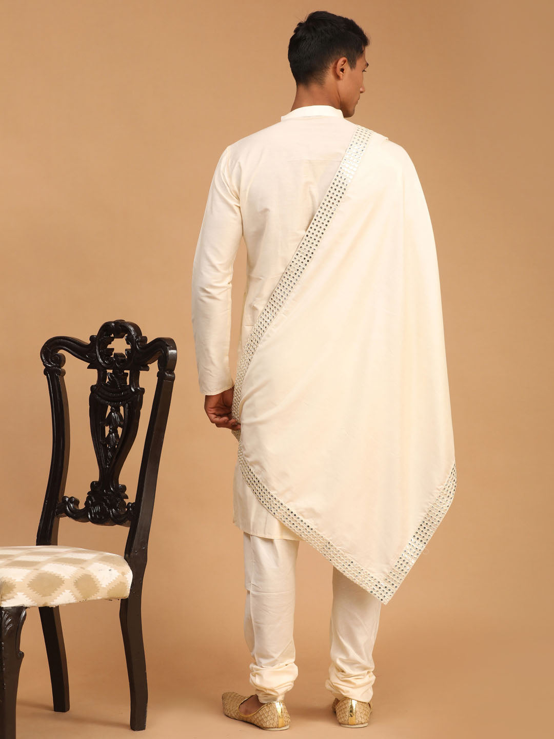 Men's Cream Viscose Straight Kurta  Pyjama & Dupatta Set