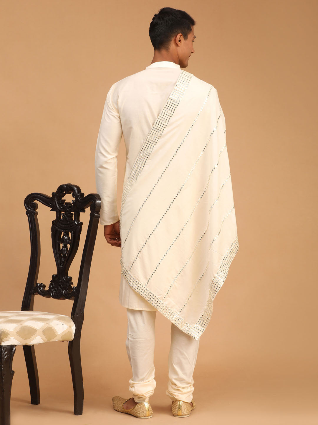 Men's Cream Viscose Straight Kurta  Pyjama & Dupatta Set