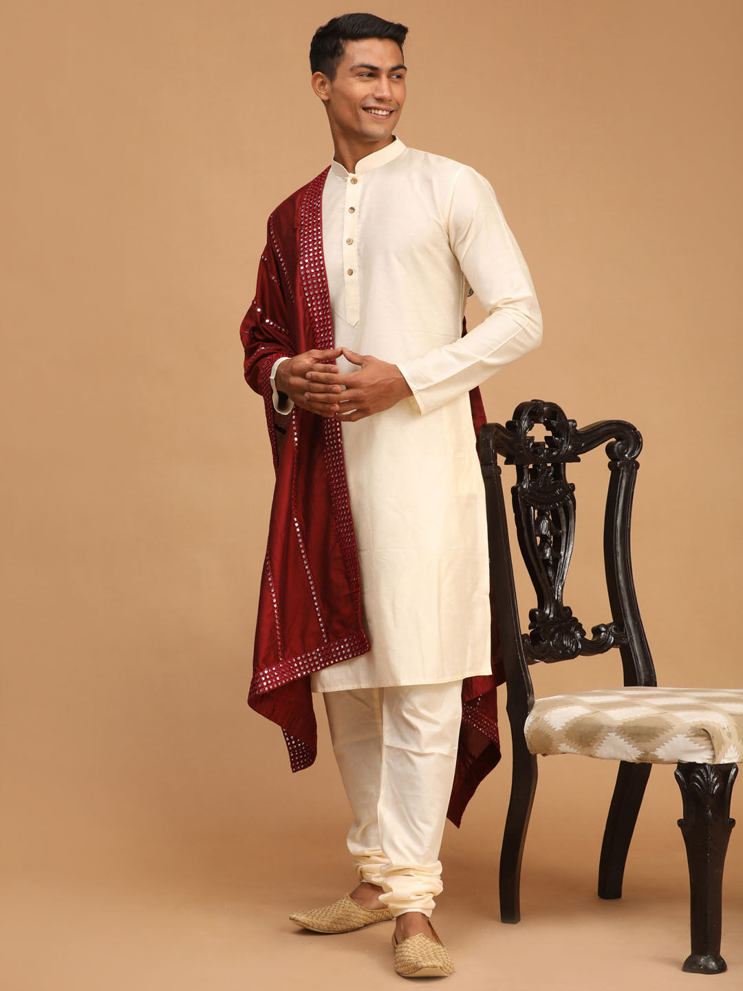 Men's Cream Viscose Straight Kurta  Pyjama & Dupatta Set