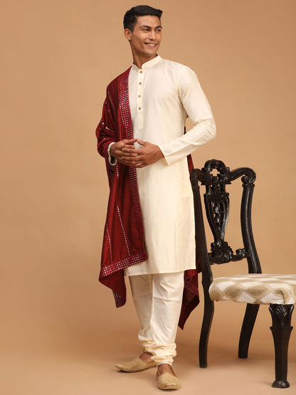 Men's Cream Viscose Straight Kurta  Pyjama & Dupatta Set