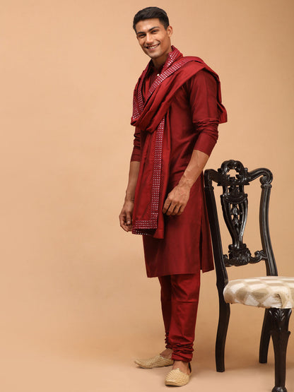Men's Maroon Viscose Straight Kurta  Pyjama & Dupatta Set