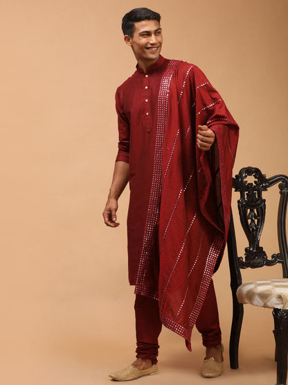 Men's Maroon Viscose Straight Kurta  Pyjama & Dupatta Set