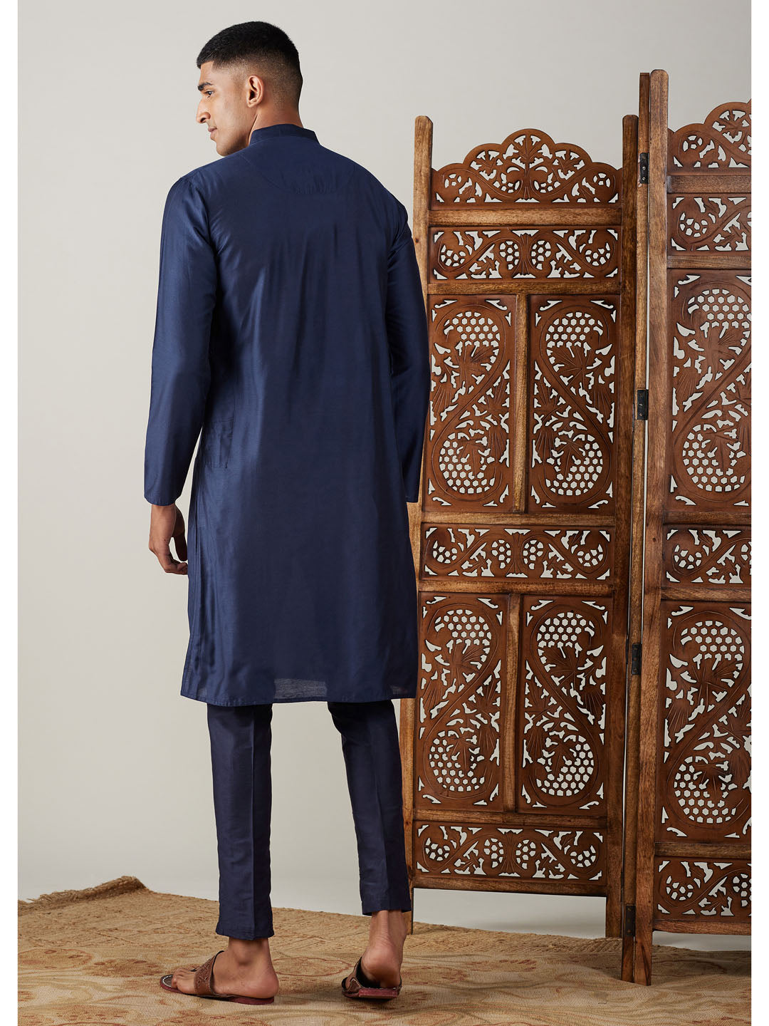 Men's Navy Blue Viscose Straight Kurta Pyjama Set