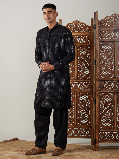 Men's Black Georgette Regular Kurta and Patiala Set