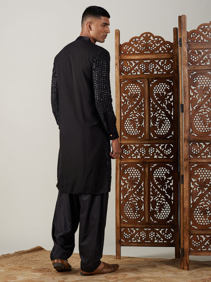 Men's Black Georgette Regular Kurta and Patiala Set