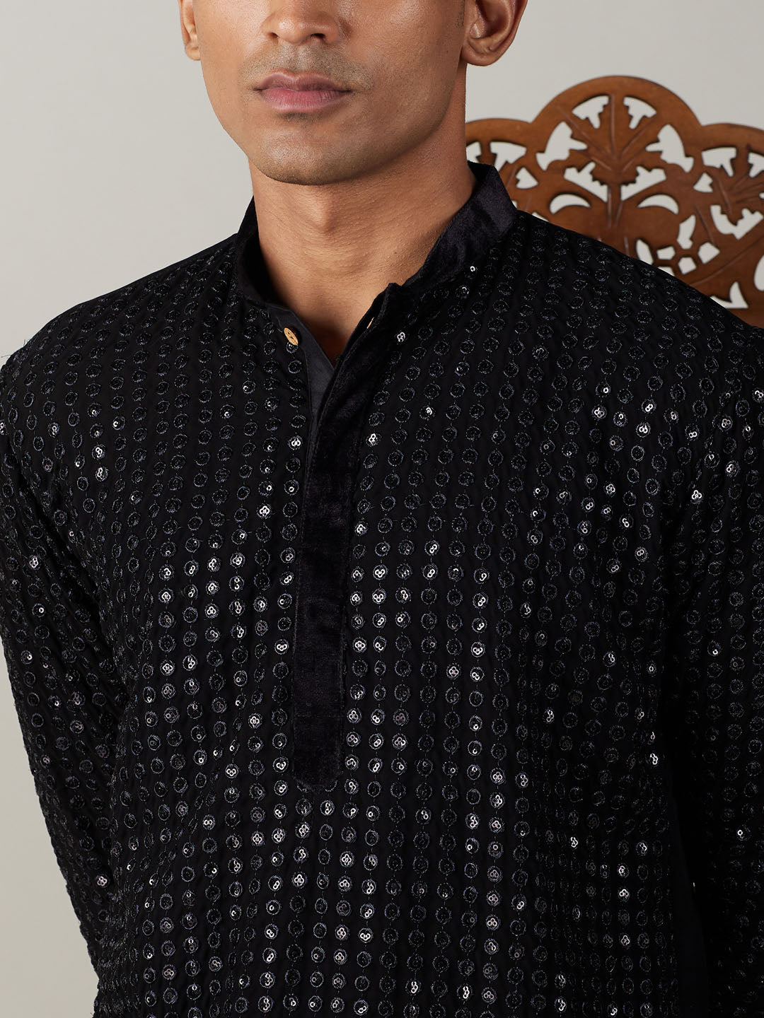 Men's Black Georgette Regular Kurta and Patiala Set