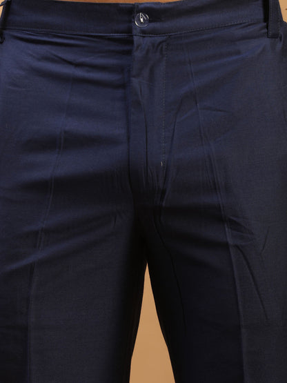 Men's Navy Blue Cotton Blend Straight Kurta Pyjama Set