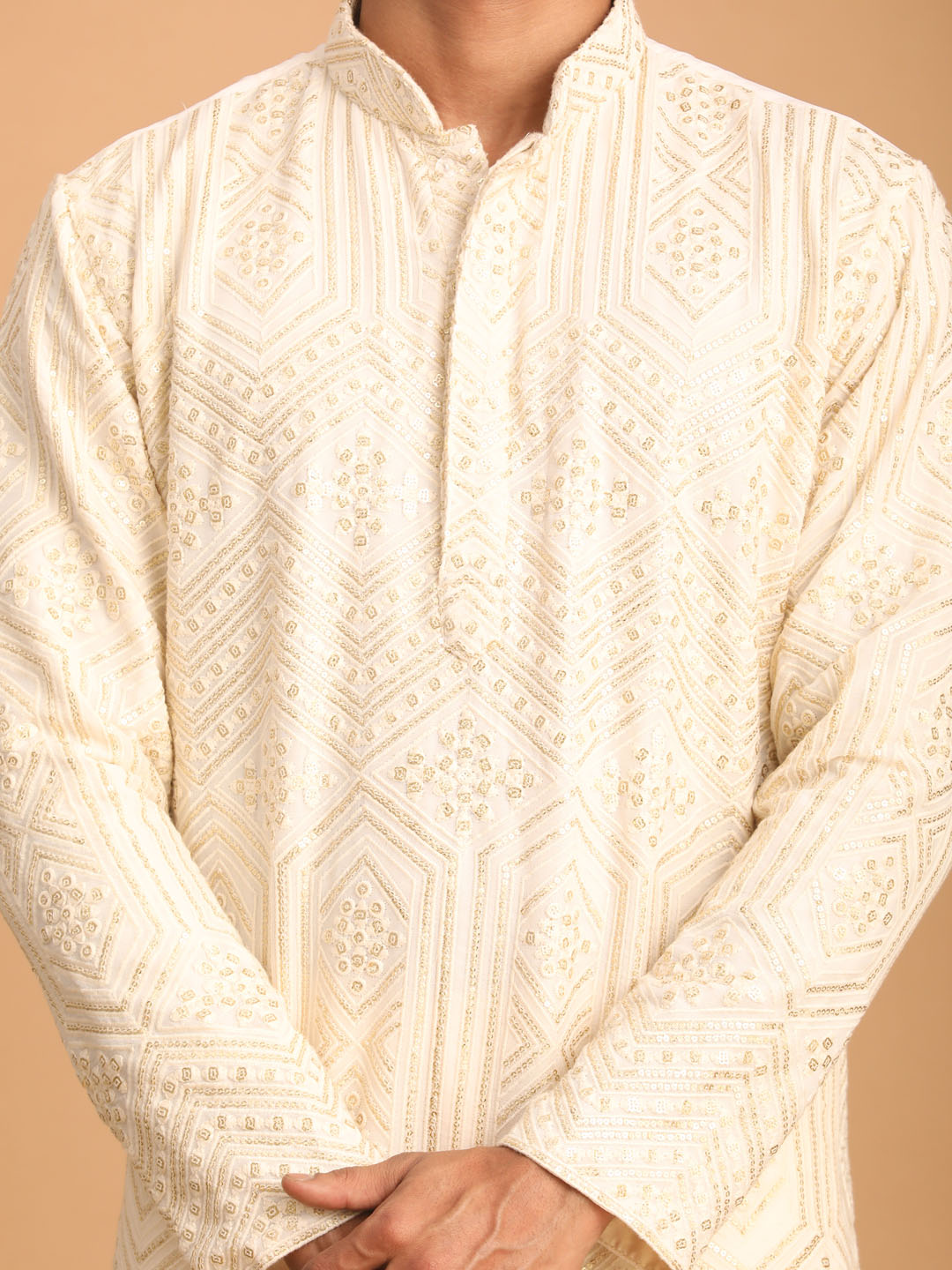 Men's Cream Cotton Blend Straight Kurta Pyjama Set