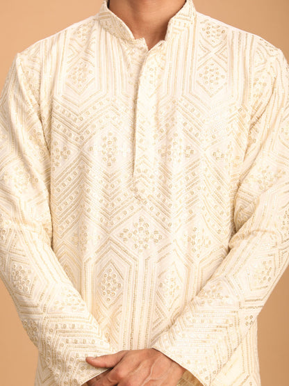 Men's Cream Cotton Blend Straight Kurta Pyjama Set