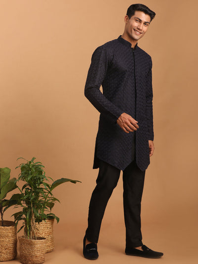 Men's Navy Blue Silk Blend Regular Kurta Pyjama Set