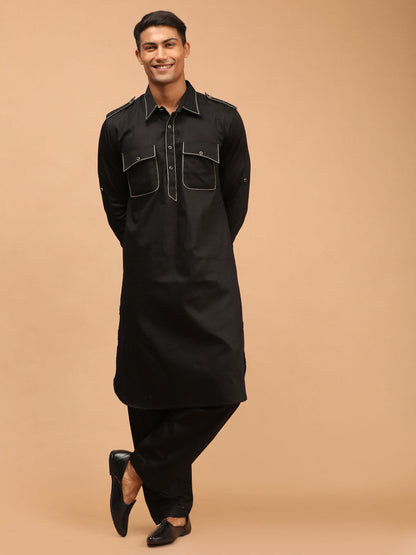 Men's Black Cotton Blend Pathani Pathani Kurta Set