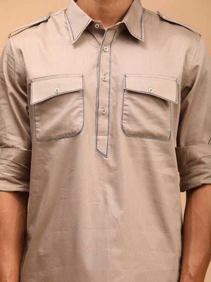 Men's Chiku Brown Cotton Blend Pathani Pathani Kurta Set
