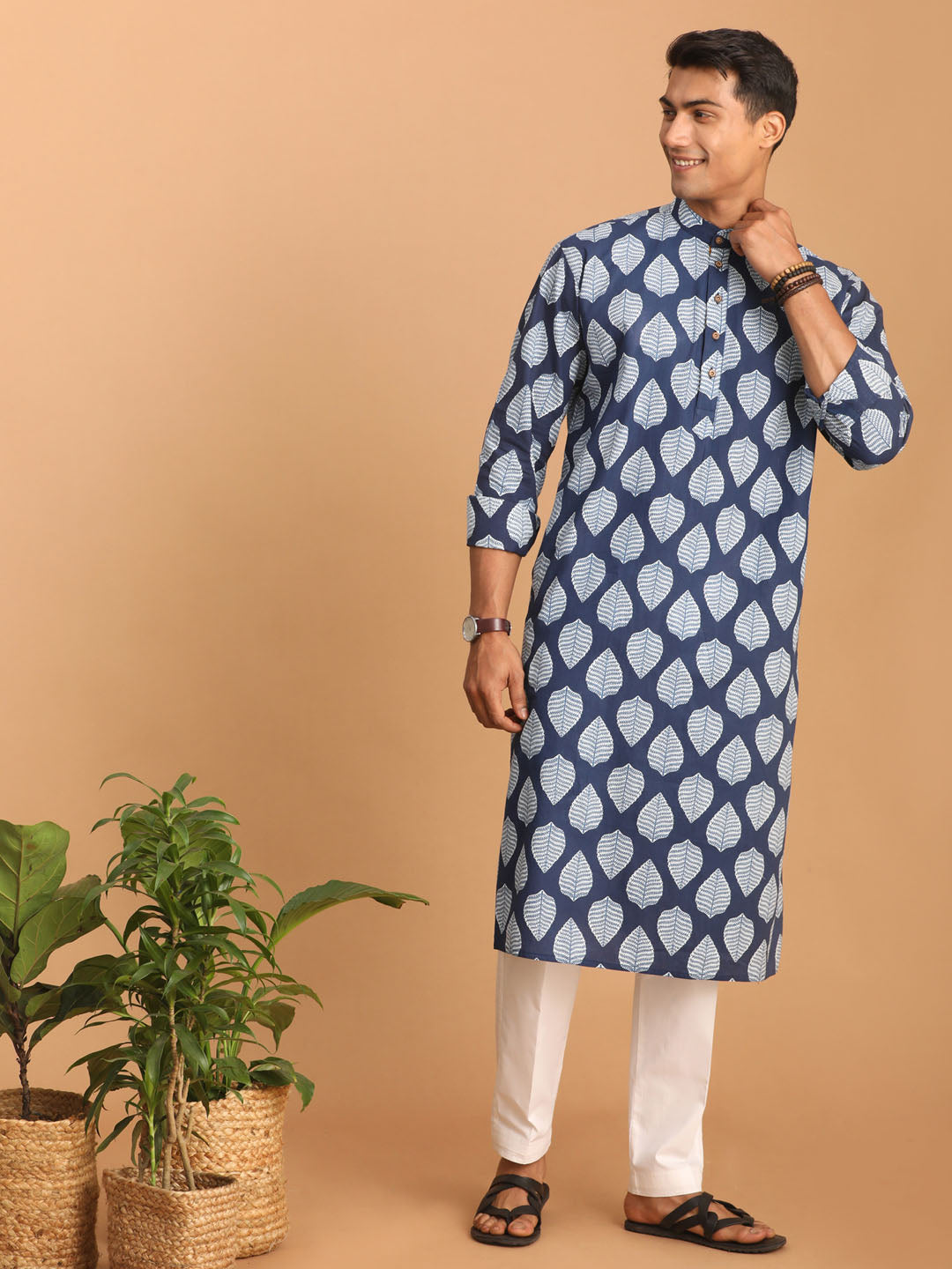 Men's Blue Cotton Straight Kurta Pyjama Set