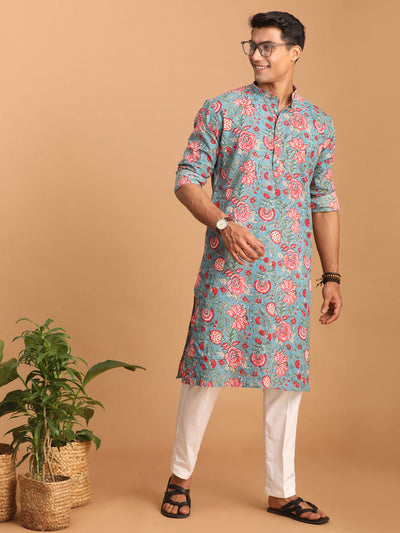 Men's Aqua Cotton Straight Kurta Pyjama Set