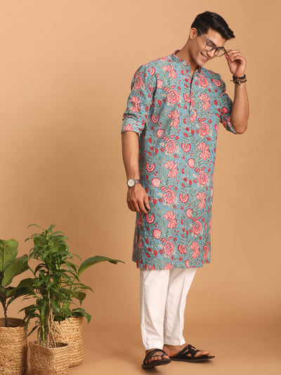 Men's Aqua Cotton Straight Kurta Pyjama Set