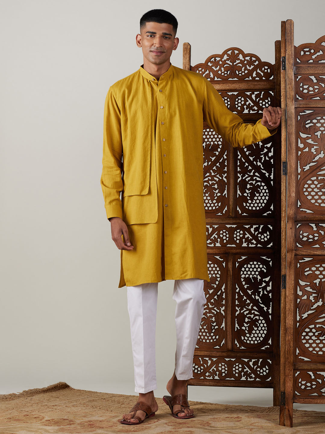 Men's Mustard Cotton Straight Kurta Pyjama Set