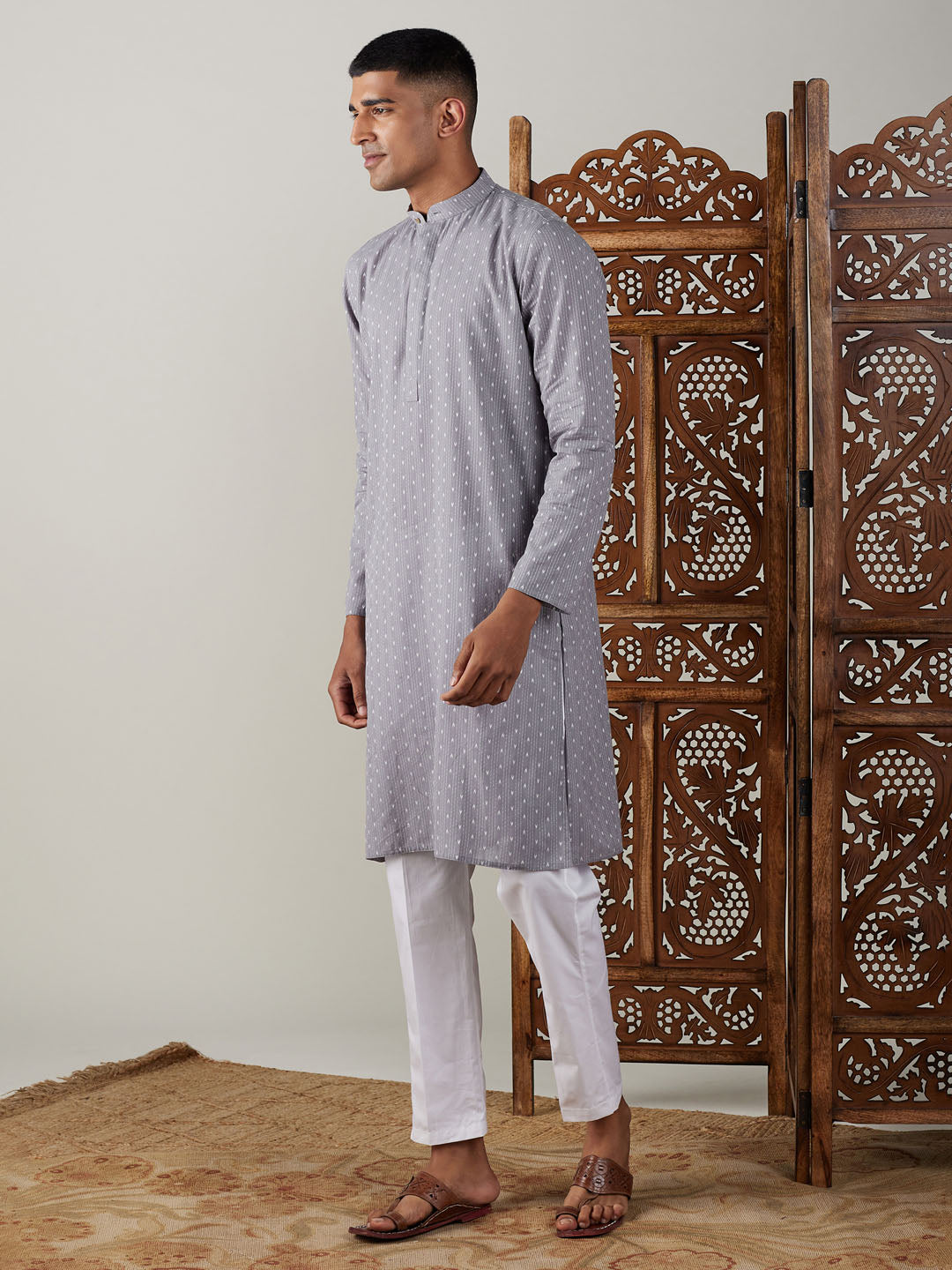 Men's Grey Cotton Straight Kurta Pyjama Set