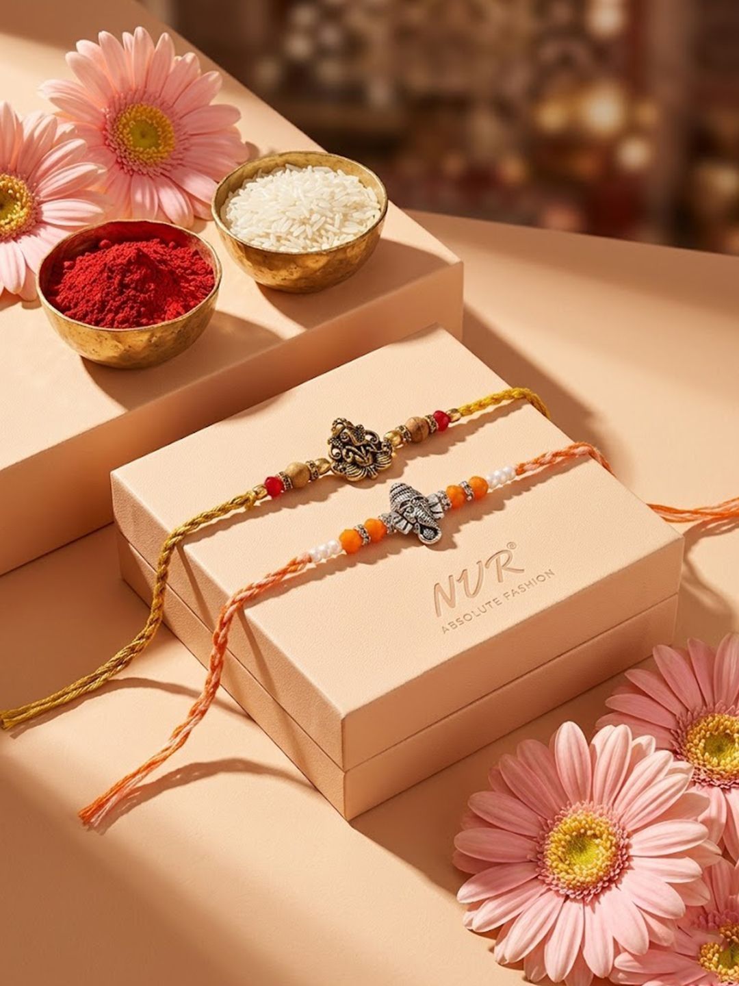 Anouk Set Of 2 Multicolor Religious Thread Rakhi With Roli Chawal Chandan Mishri