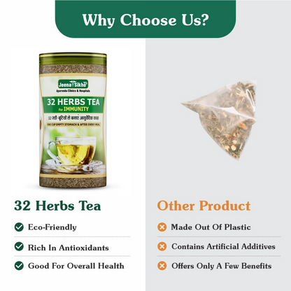 Jeena Sikho 32 Herbs Herbal Tea for natural body detox, featuring a blend of traditional herbs in a vibrant package.