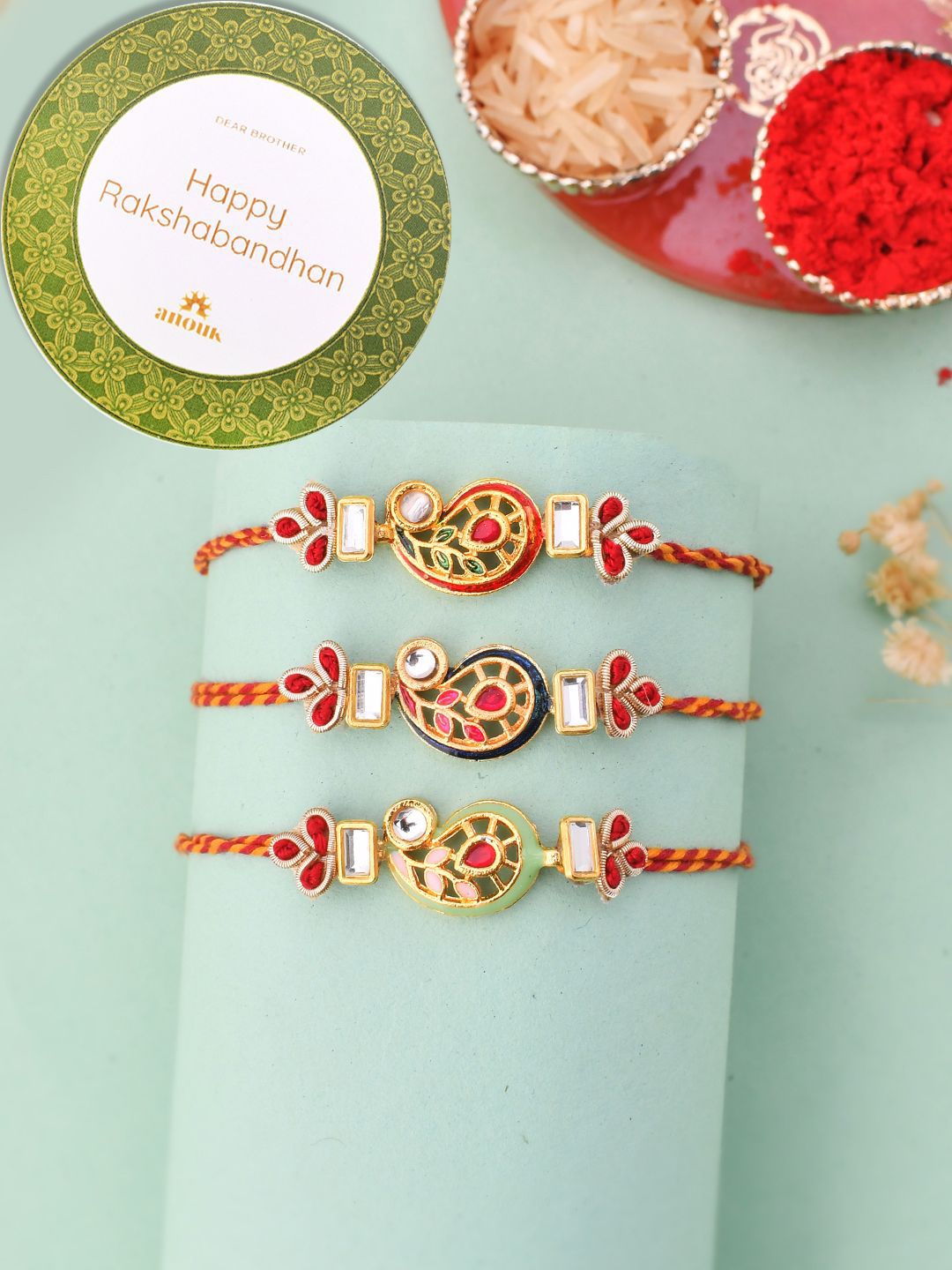 Anouk Gold Toned Set of 3 Kundan Work Thread Rakhis With Roli Chawal & Greetings Card