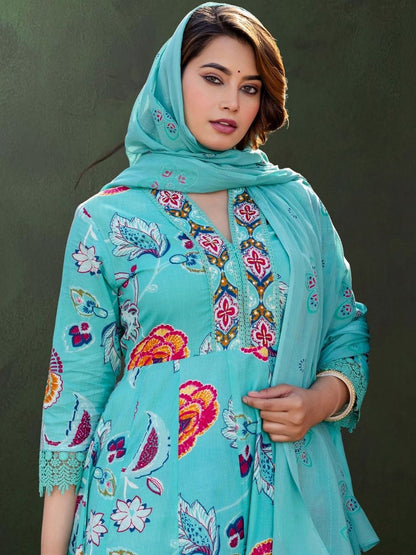 Women Floral Printed Panelled Pure Cotton Kurta with Trousers & With Dupatta