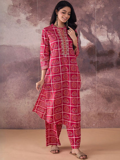 Indyancart IE Printed Mandarin Collar Pure Cotton Tunic With Trousers