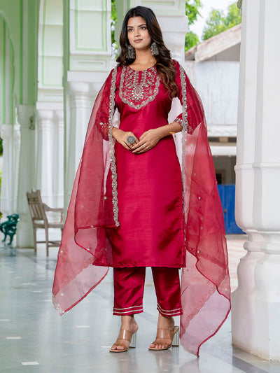 Indyancart VV Purnima Silk Blend Embroidered Kurta Set with Dupatta