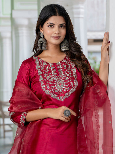 Indyancart VV Purnima Silk Blend Embroidered Kurta Set with Dupatta