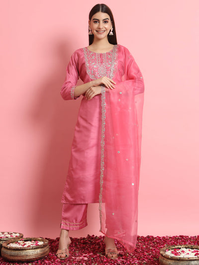 Indyancart VV Shringar Silk Blend Embroidered Kurta Set with Dupatta