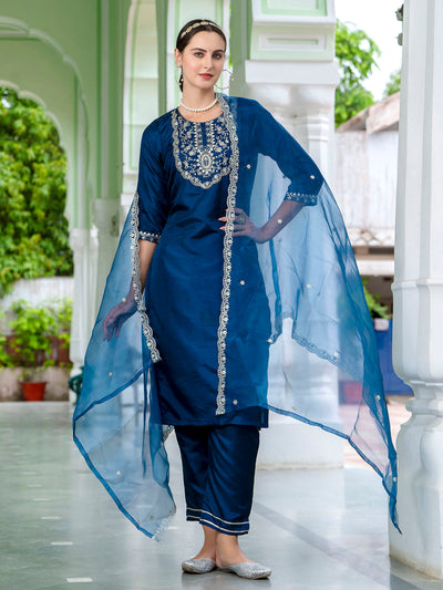Indyancart VV Bisakha Silk Blend Embroidered Kurta Set with Dupatta