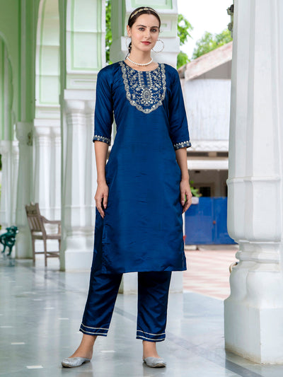Indyancart VV Bisakha Silk Blend Embroidered Kurta Set with Dupatta