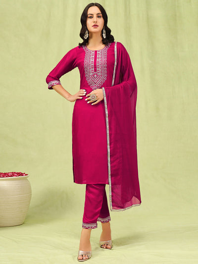 Indyancart VV Mridaani Pink Silk Blend Yoke Design Kurta and Trousers Pant Set