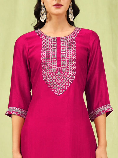 Indyancart VV Mridaani Pink Silk Blend Yoke Design Kurta and Trousers Pant Set