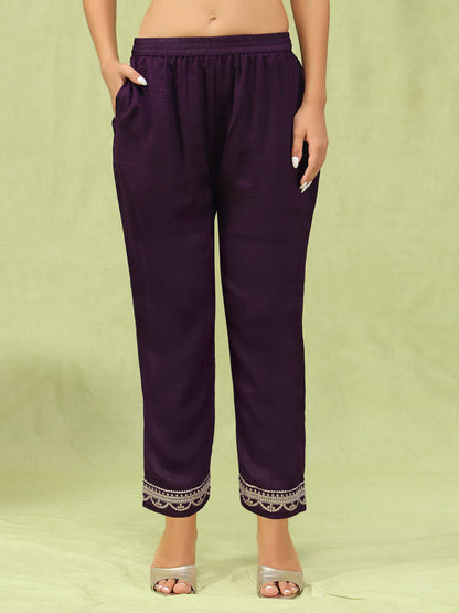 Dhiyona VV Tanmaya Purple Silk Blend Yoke Design Kurta and Trousers Pant Set