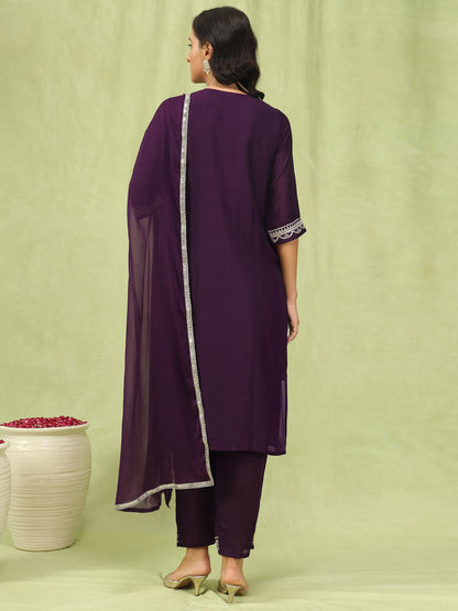 Dhiyona VV Tanmaya Purple Silk Blend Yoke Design Kurta and Trousers Pant Set