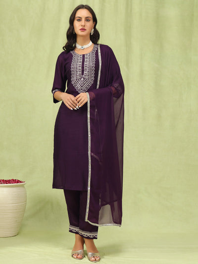 Indyancart VV Tanmaya Purple Silk Blend Yoke Design Kurta and Trousers Pant Set