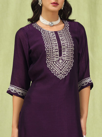 Indyancart VV Tanmaya Purple Silk Blend Yoke Design Kurta and Trousers Pant Set