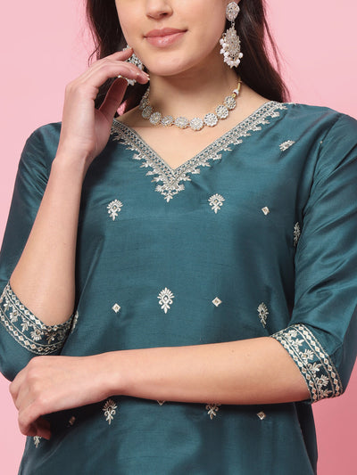 Indyancart VV Triveni Silk Blend Kurta and Trouser Set with Organza Dupatta