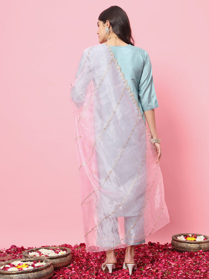 Dhiyona VV Tushi Womens Silk Blend Embroidered Kurta Pant Set with Dupatta Elegant Ready to Wear