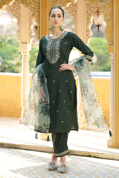 Indyancart VV Tara Womens Viscose Rayon Kurta Pant Set Embroidered Ethnic Wear with Organza Dupatta
