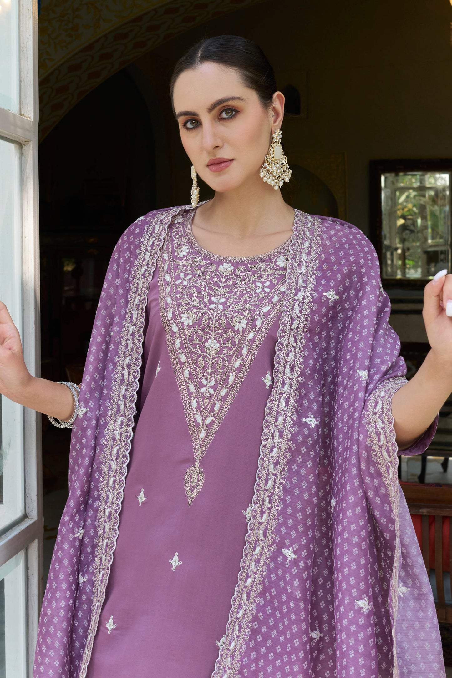 Dhiyona VV Tashi Embroidered Silk Blend Straight Suit With Dupatta