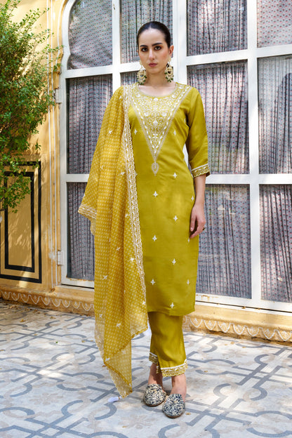 Dhiyona VV Tridevi Embroidered Silk Blend Straight Suit With Dupatta