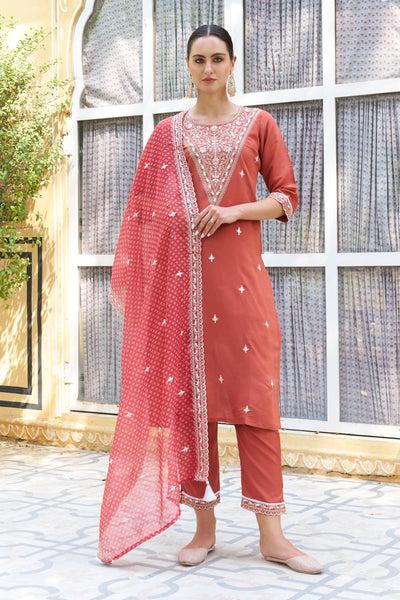 Indyancart VV Chandrika Embroidered Silk Blend Straight Suit With Dupatta