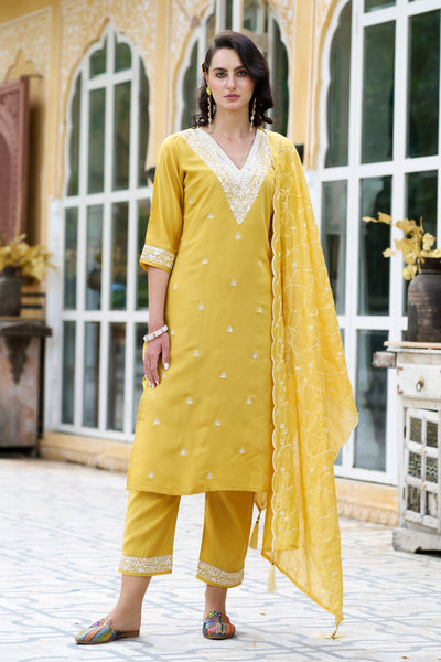 Indyancart VV Kalpana Women Kurta and Pant Sets Silk Blend Fabric