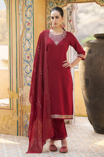 Indyancart VV Divyaa Womens Embroidered Viscose Rayon Kurta Pant Set with Chanderi Silk Dupatta Stylish Ethnic Wear