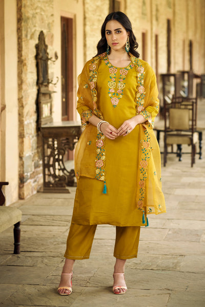 Indyancart VV Noushin Women's Embroidered Viscose Roman Silk Kurta Pant Set with Organza Dupatta Elegant Lightweight Ethnic Wear