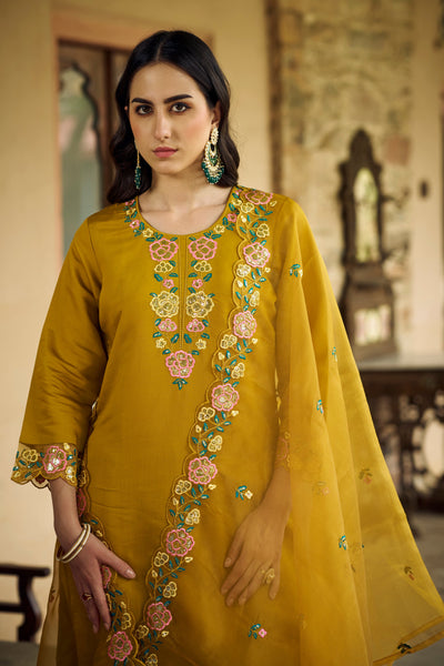 Indyancart VV Noushin Women's Embroidered Viscose Roman Silk Kurta Pant Set with Organza Dupatta Elegant Lightweight Ethnic Wear
