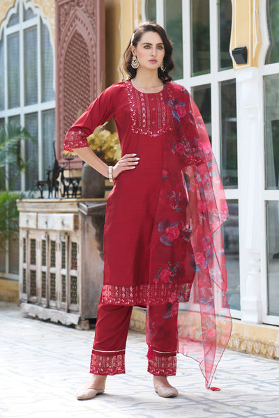 Indyancart VV Rajbhoomi Women Kurta and Pant Sets Cotton Silk Fabric