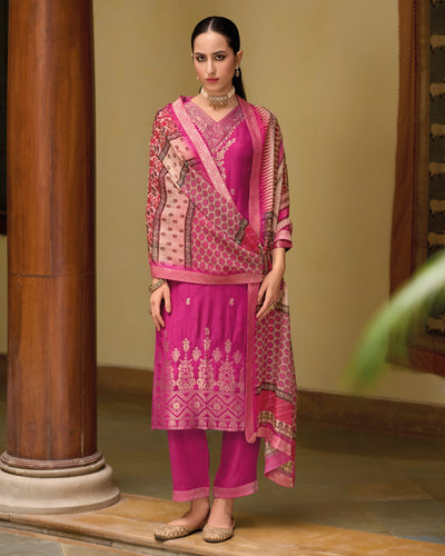 Indyancart VV Zarqash Viscose Self Jacquard Women Kurta and Trouser Duppata Set
